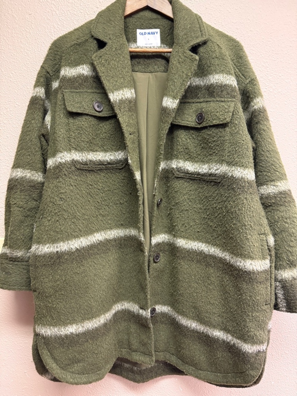 Old Navy Olive Green Striped Fuzzy Shacket Jacket